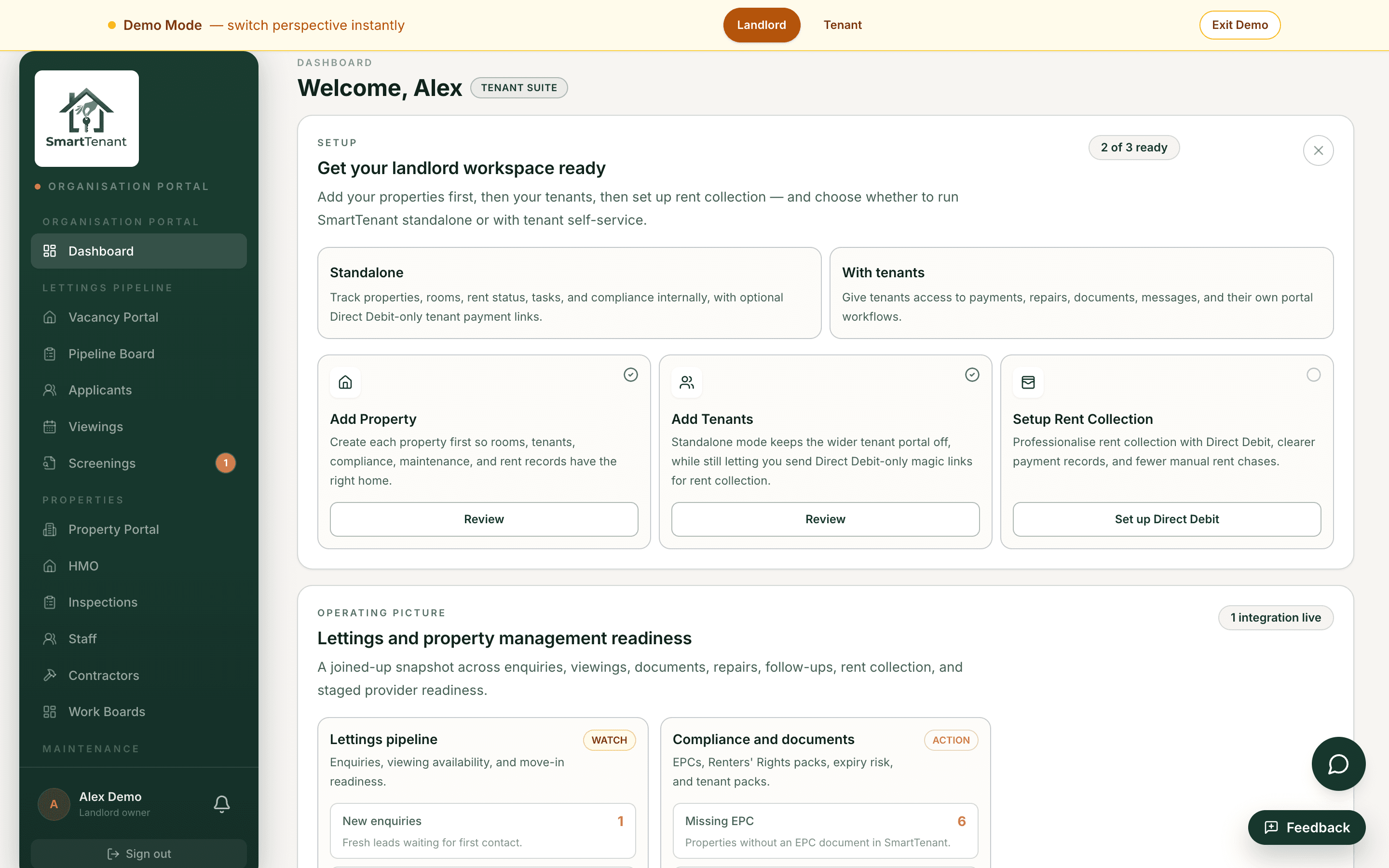 SmartTenant landlord dashboard — welcome, KPI strip, operating-picture grid