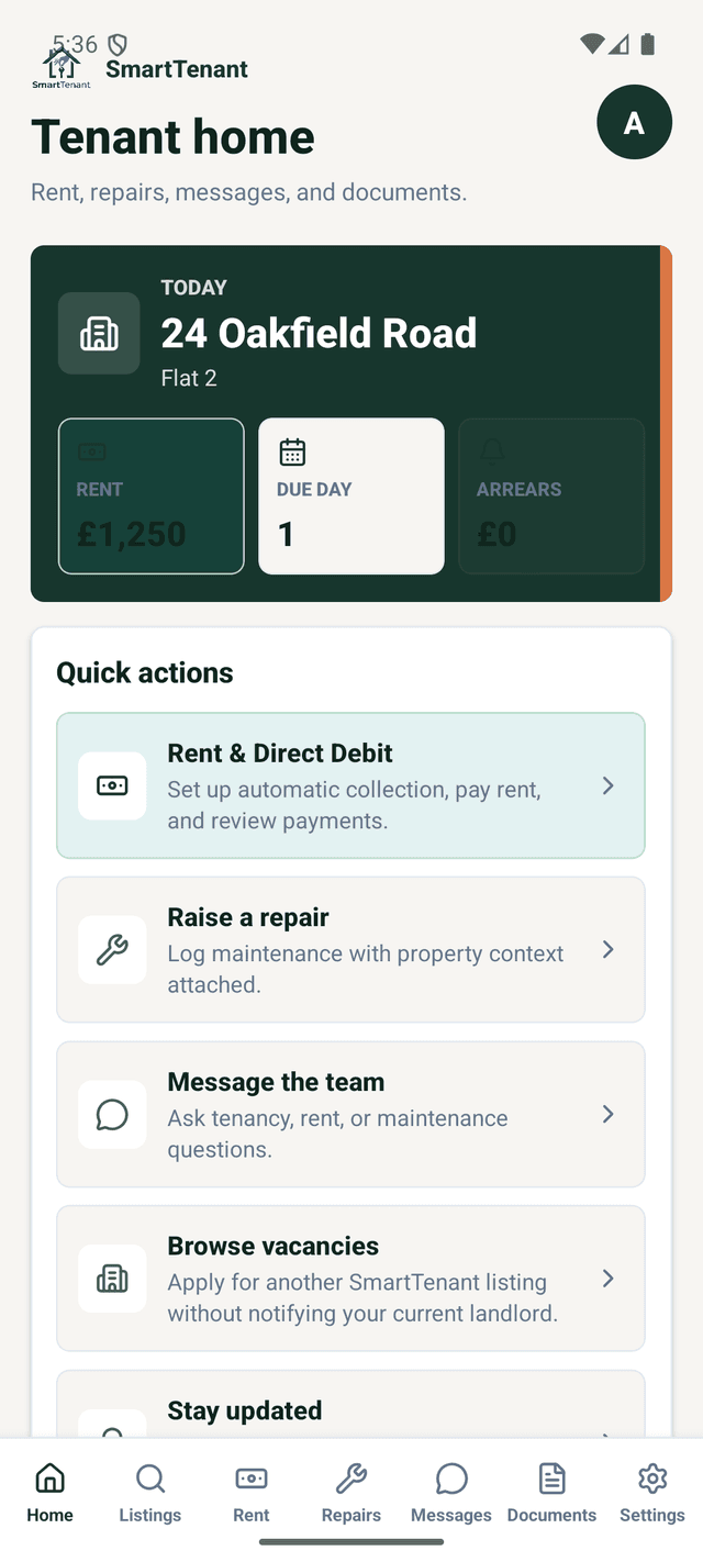 SmartTenant tenant portal — home screen with property card and quick actions