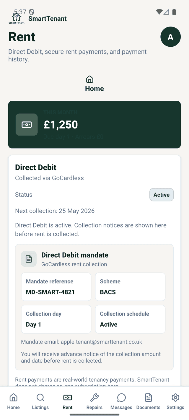 SmartTenant tenant portal — rent and Direct Debit screen